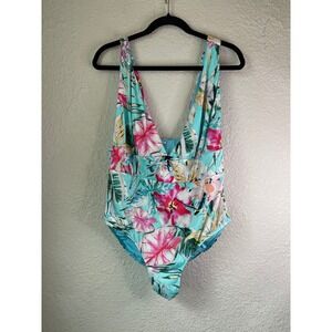 Coastal Waves Floral One Piece Swimsuit‎ Plunge V Neck 2X